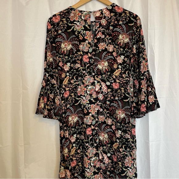 H&M Women’s Black Pink Floral Mini Dress 3/4 Flare Sleeve Size 10 - Picture 10 of 13